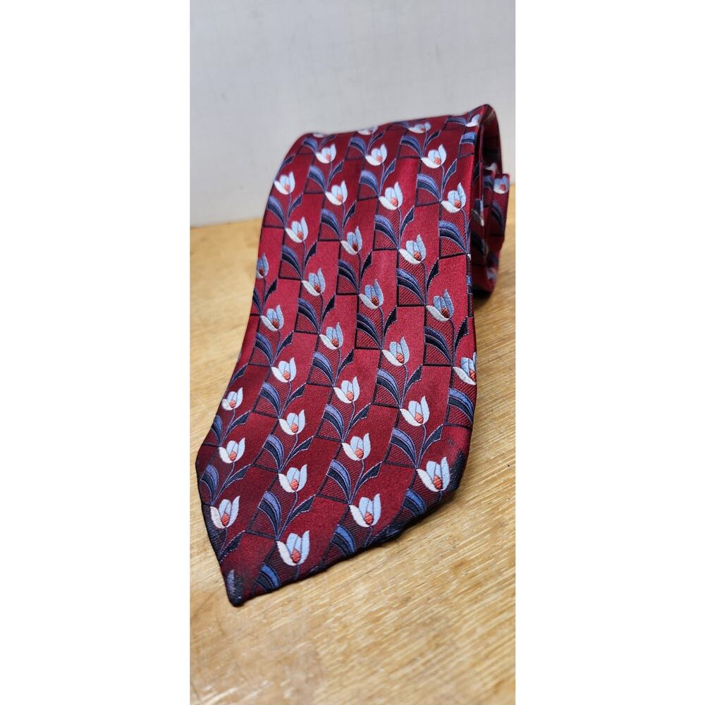 ERMENEGILDO ZEGNA Mens Necktie Red 100% Silk Tulip Floral Made in Italy Classic‎